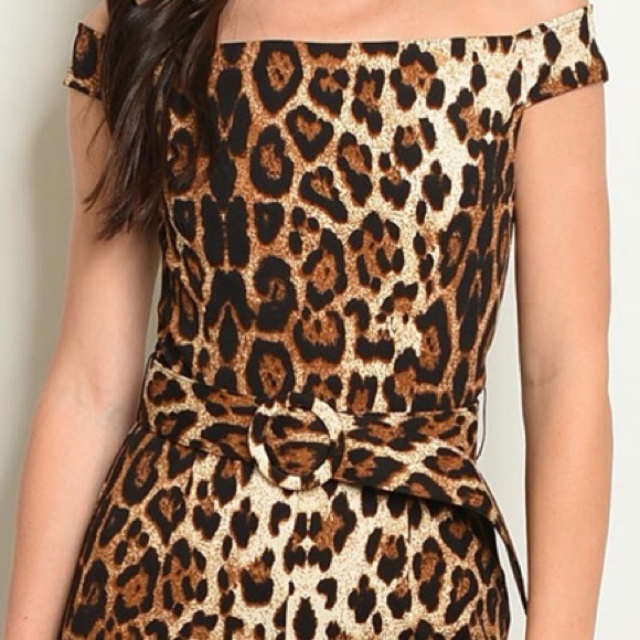 Leopard Animal Print Off The Shoulders Waist Belt Jumpsuit - Picture 2 of 8